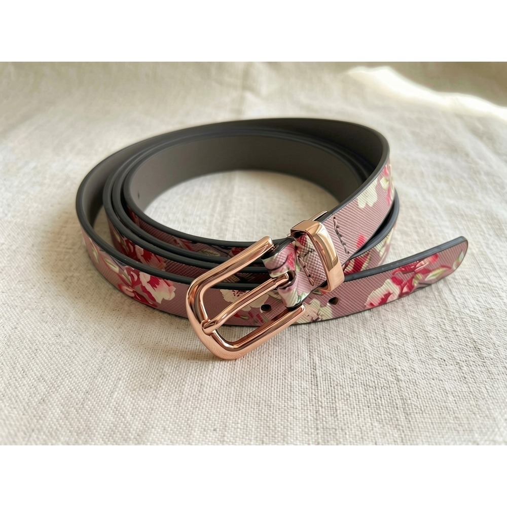 Tahari Womens Pink Floral Skinny Belt Rose Gold Hardware Size Large